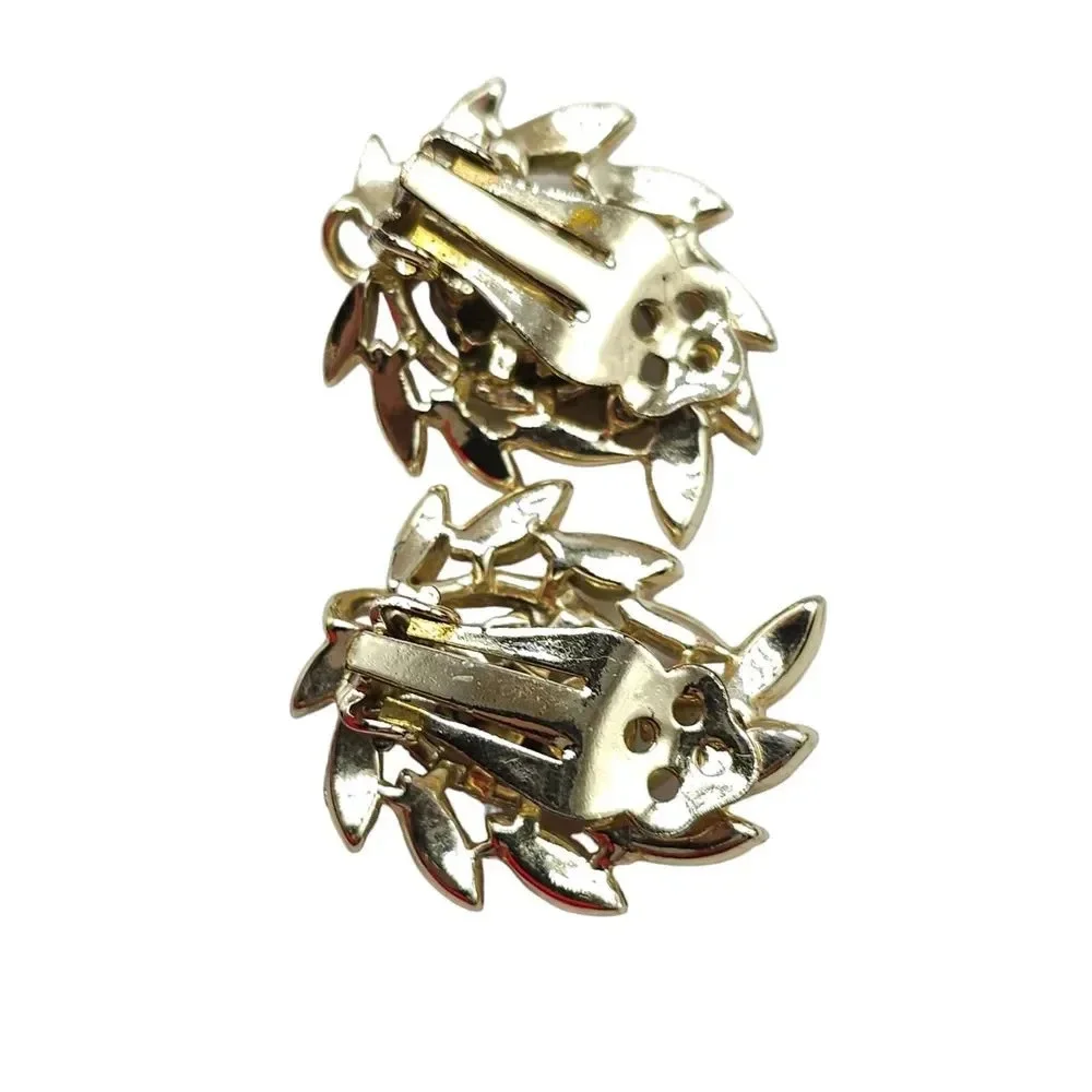 Orange Yellow Enamel Yellow Rhinestone Leaf Clip-On Earrings Gold Tone Vintage